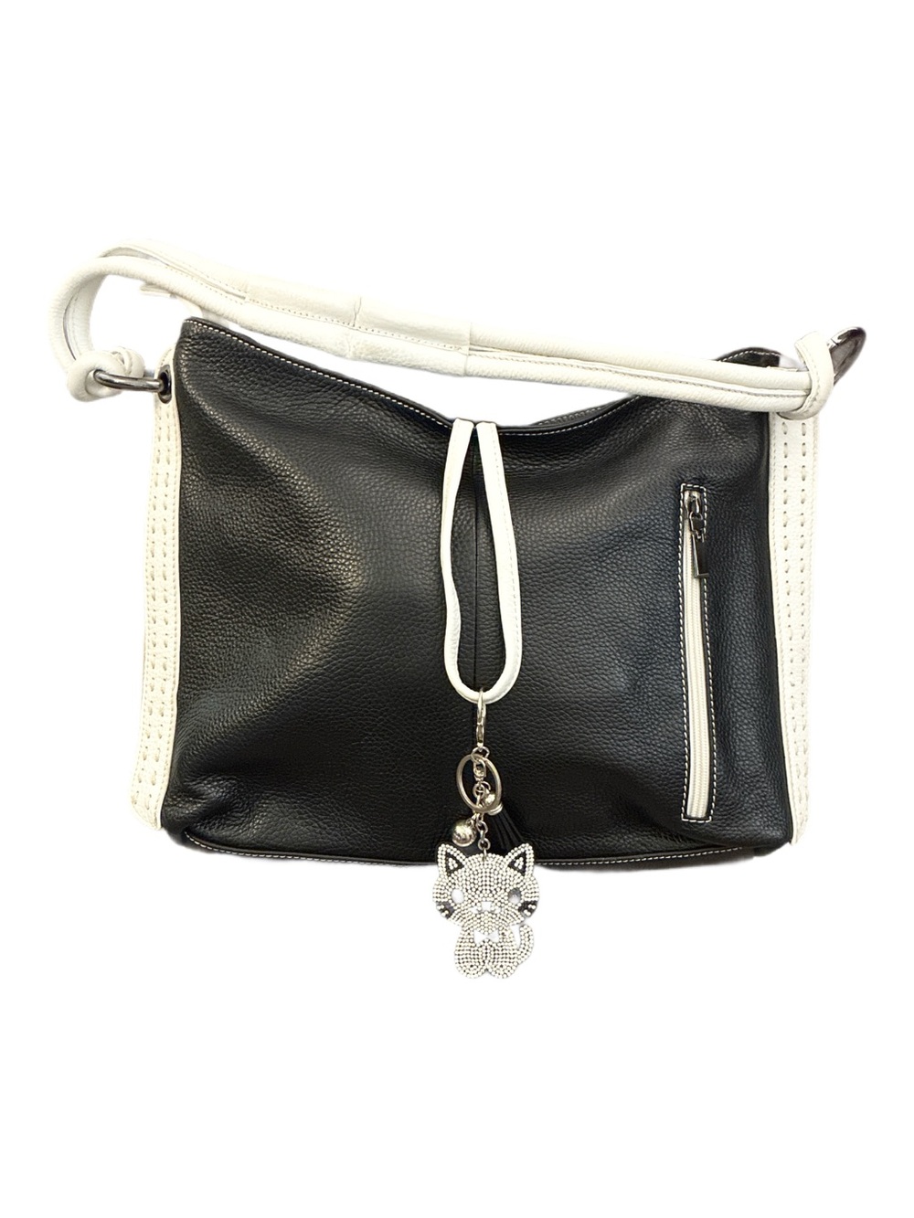 Vera Pelle Italian Black & White Pebbled Leather Two-Tone Shoulder Bag